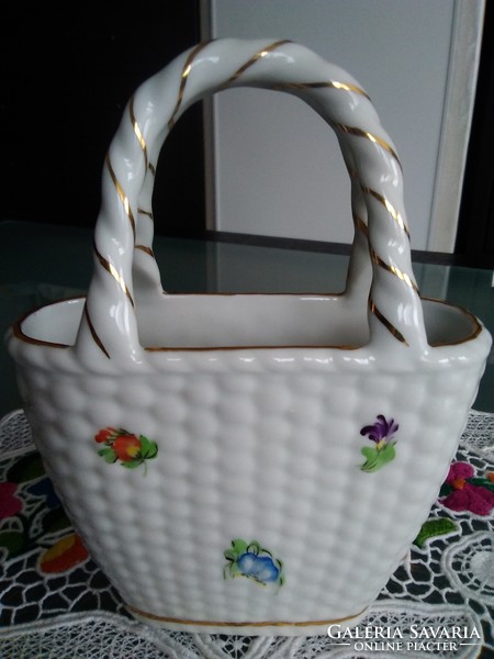 Antique basket from Herend with gilded handles, porcelain body with a basket pattern.