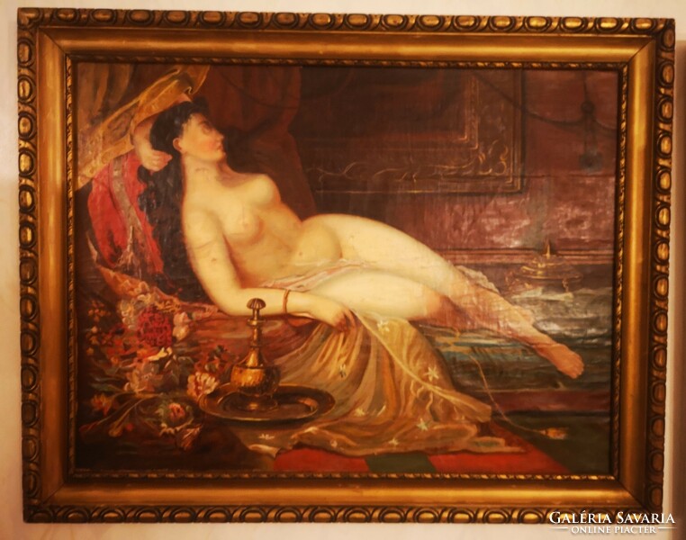 Antique art nouveau female nude painting in the style of Eastern Turkish atmosphere, in a wooden frame