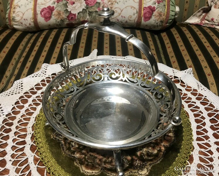 High-gloss, antique, silver-plated, openwork, serving bowl or basket, with a flawless glass bowl