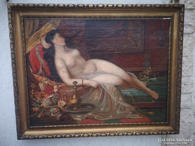 Antique art nouveau female nude painting in the style of Eastern Turkish atmosphere, in a wooden frame