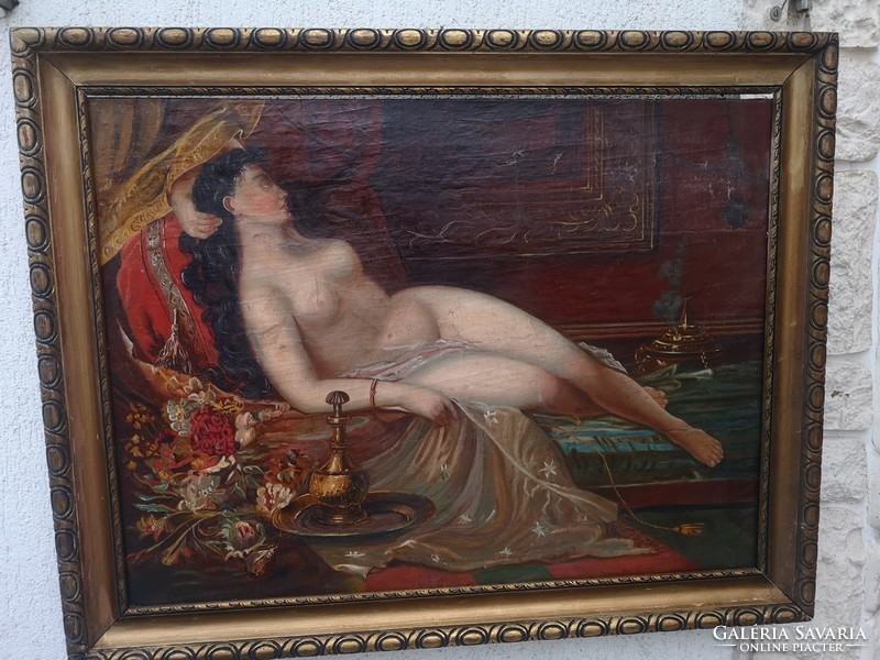 Antique art nouveau female nude painting in the style of Eastern Turkish atmosphere, in a wooden frame