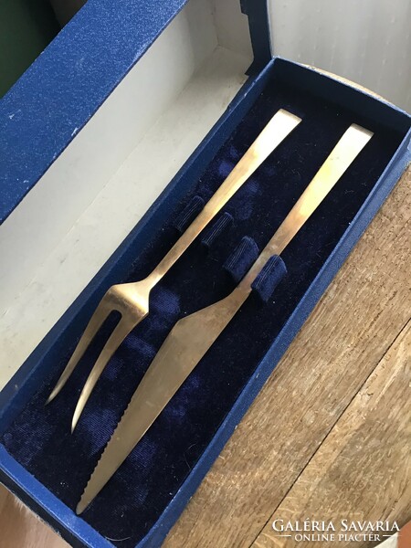 Old handmade copper serving set in a box