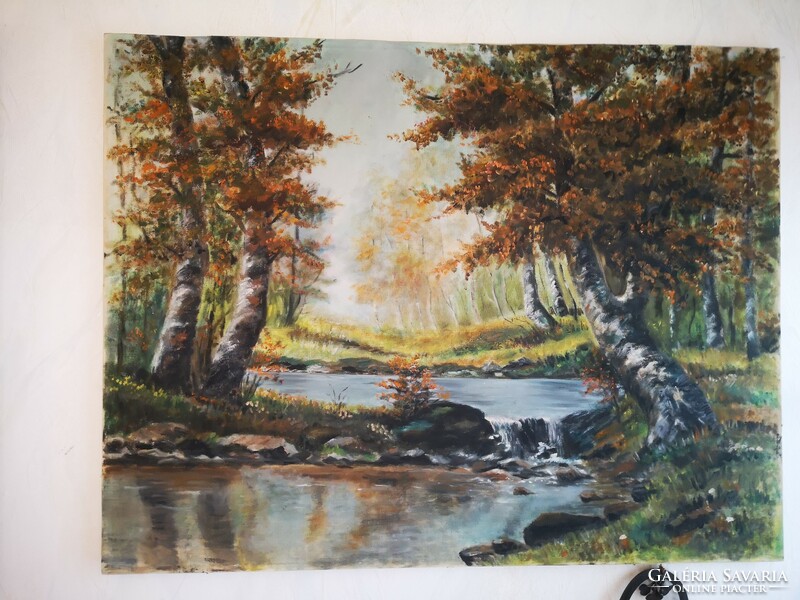 Antique painting autumn landscape landscape. Oil on canvas, large size 70 x 90 cm