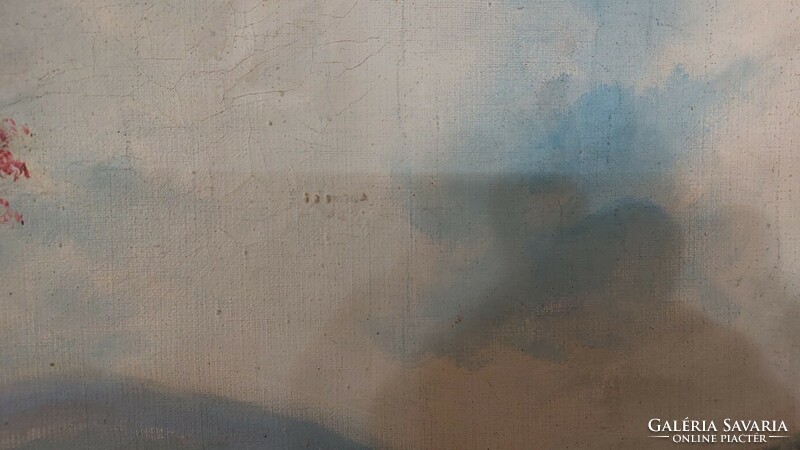 (K) tájkép festmény házakkal 99x80 cm kerettel.