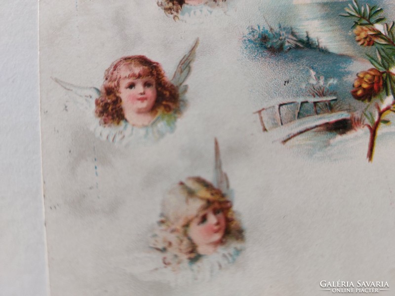 Régi karácsonyi képeslap 1899 levelezőlap angyalok fenyőág