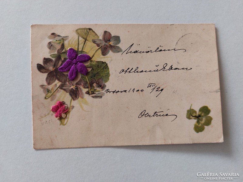 Old postcard 1900 embossed postcard with silk overlay violet clover