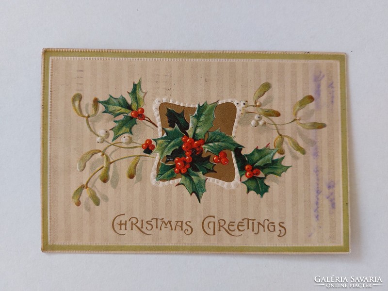 Régi karácsonyi képeslap dombornyomott levelezőlap fagyöngy magyal