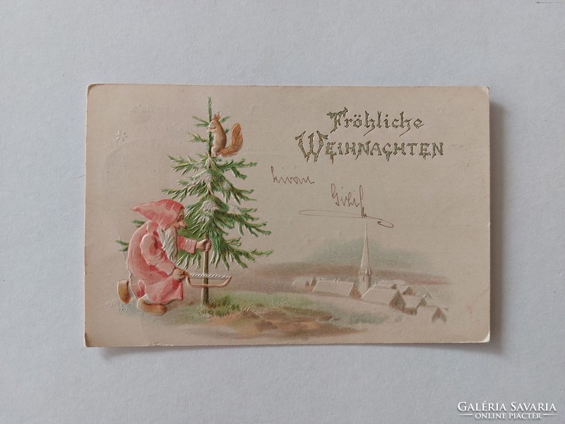 Old Christmas postcard 1903 Embossed postcard with dwarf squirrel on pine tree