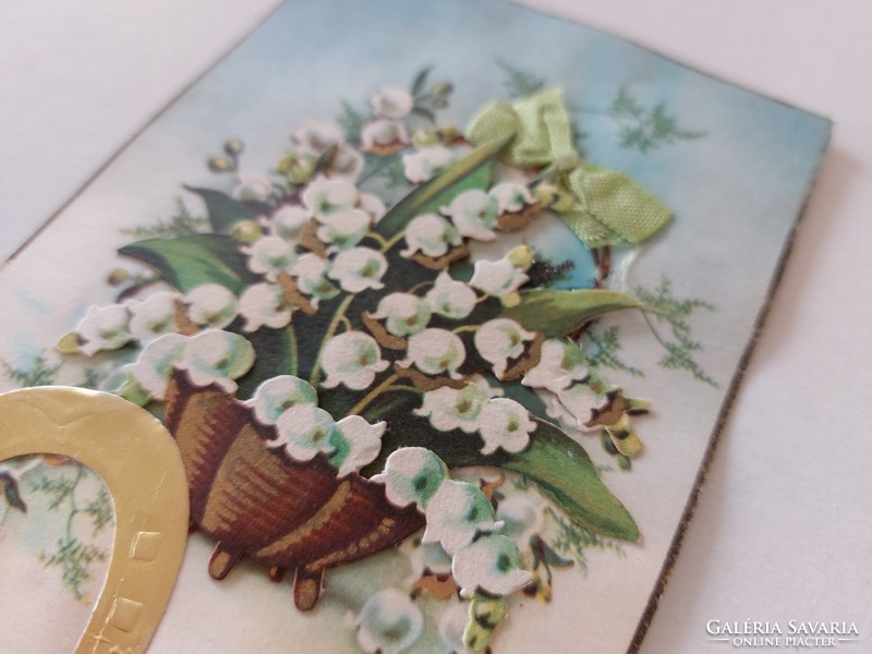 Régi képeslap levelezőlap gyöngyvirág szerencsepatkó