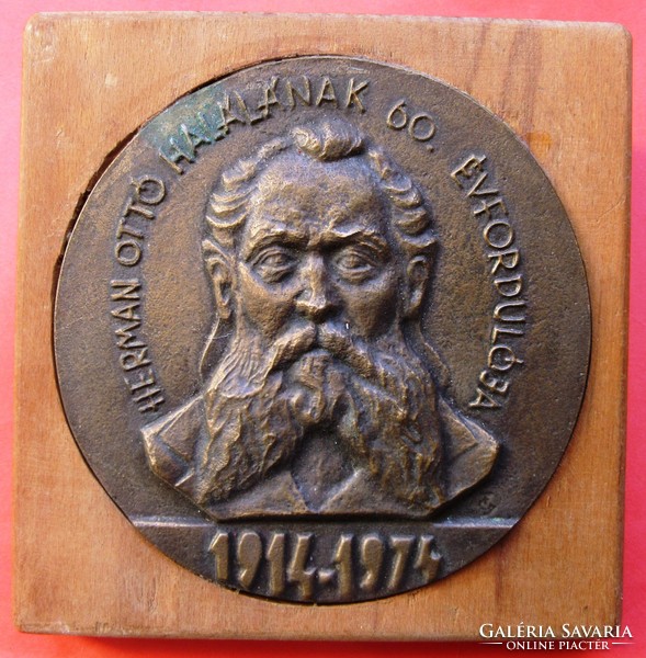 Herman ottó bronze plaque 1914-1974, on wooden board, marked, 12.5 x 12.5x4.3 cm on the wooden board, plaque 10.6 cm dia