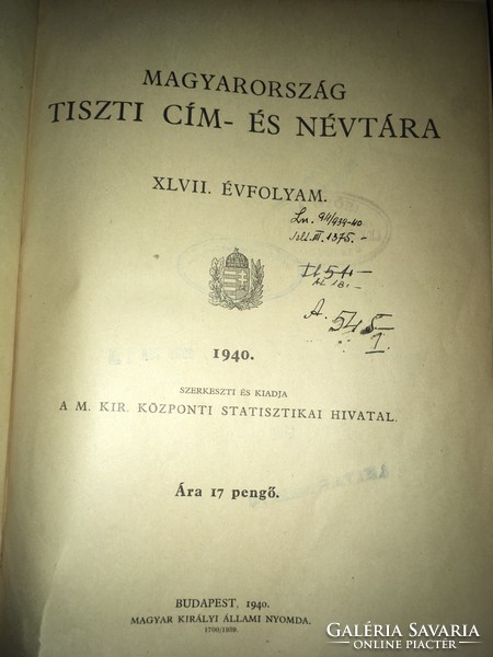 /1940,41,42/. Magyarországi Tiszti Cím- És Névtára Szerkeszti és Kiadja; A M. Kir. Közp Stat Hiv