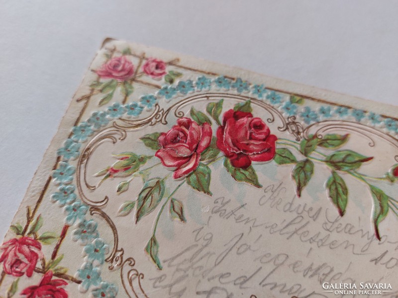 Old postcard embossed postcard with roses forget-me-not