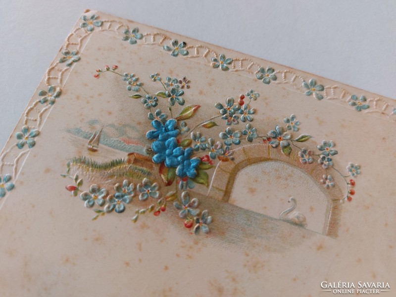 Régi képeslap 1900 dombornyomott levelezőlap selyem rátéttel hattyú nefelejcs
