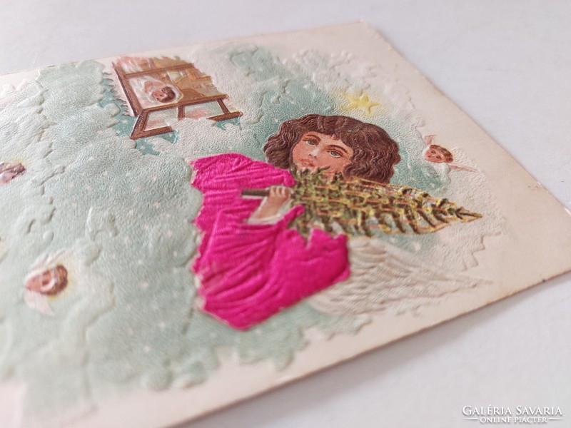 Régi karácsonyi képeslap 1900 dombornyomott levelezőlap selyem rátéttel angyalok
