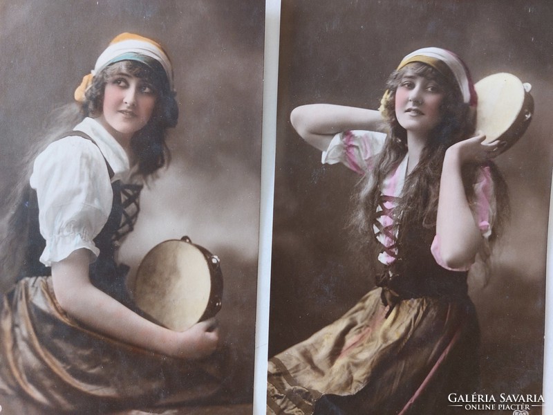 Old postcard 1920 photo postcard lady with rattle drum 3 pcs