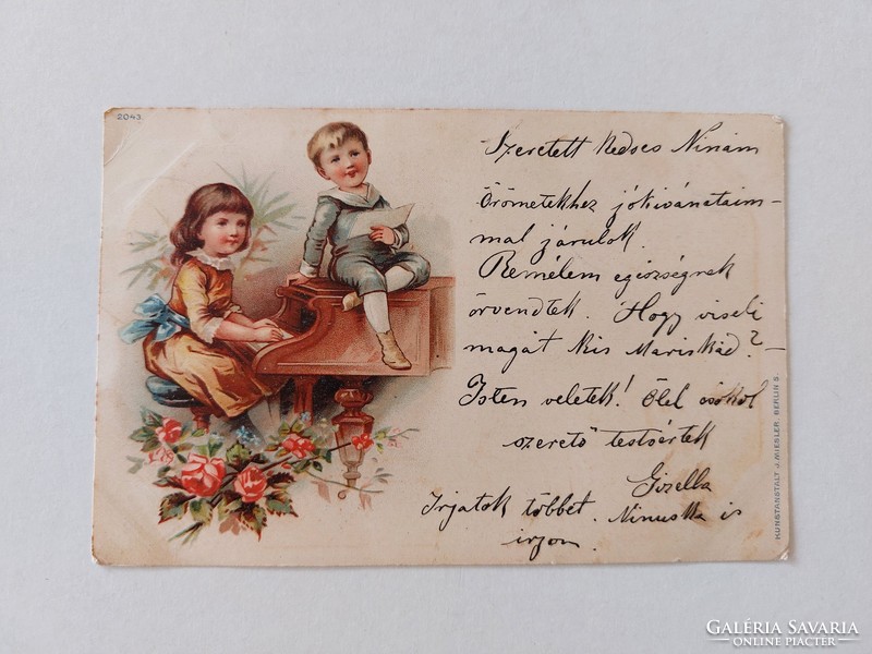 Old postcard postcard kids piano rose