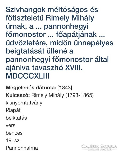 /1843/ Méltóságos És Főtisztelendő Rimely Mihály Urat  Szent Márton Főapátnak Fölszentelné