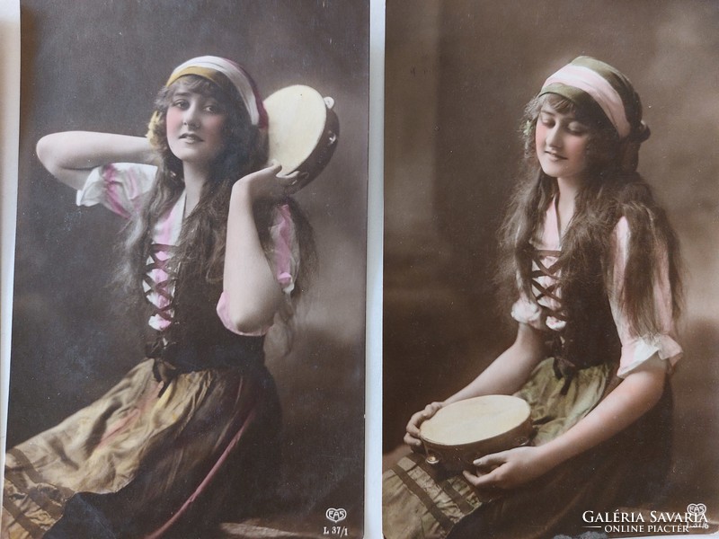Régi képeslap 1920 fotó levelezőlap csörgődobos hölgy 3 db