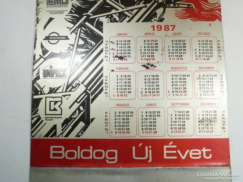 Retro naptár reklám, tűzoltó festett alu alumínium fém tábla Allugrafikai üzem 1987-es évből