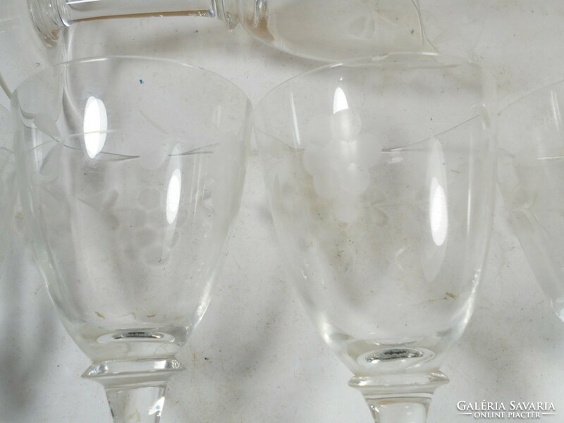 Old retro glass short drink set 5 glasses with grape pattern polished