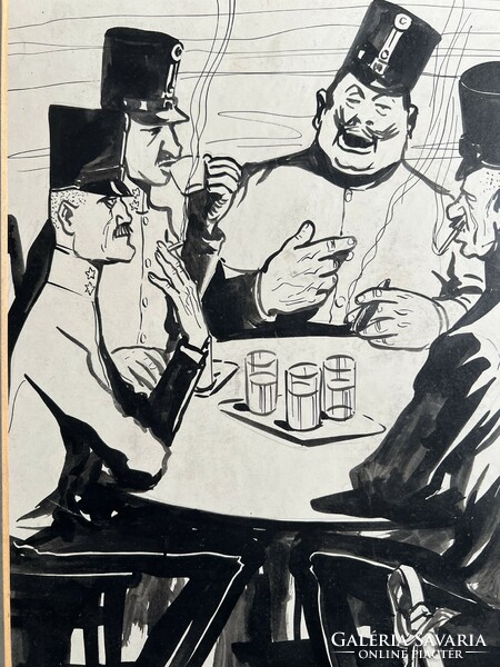 Béla Jenő Jeney, ink paper, rarities for graphic collectors - caricatures, soldiers, alcohol, monarchy? A comic book