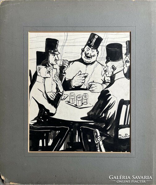 Béla Jenő Jeney, ink paper, rarities for graphic collectors - caricatures, soldiers, alcohol, monarchy? A comic book