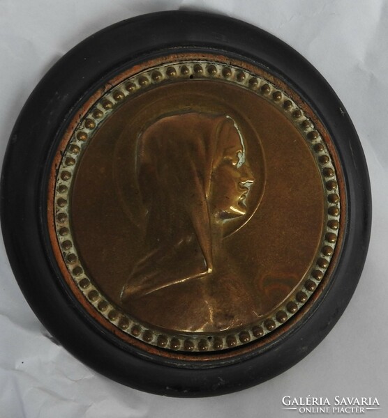 Virgin Mary bronze plaque on a wooden base