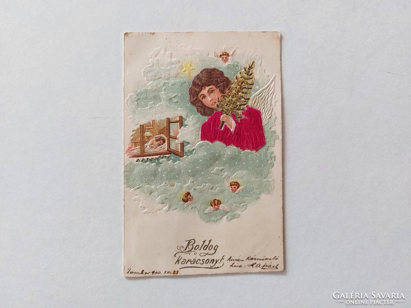 Old Christmas postcard 1900 embossed postcard with silk overlay angels
