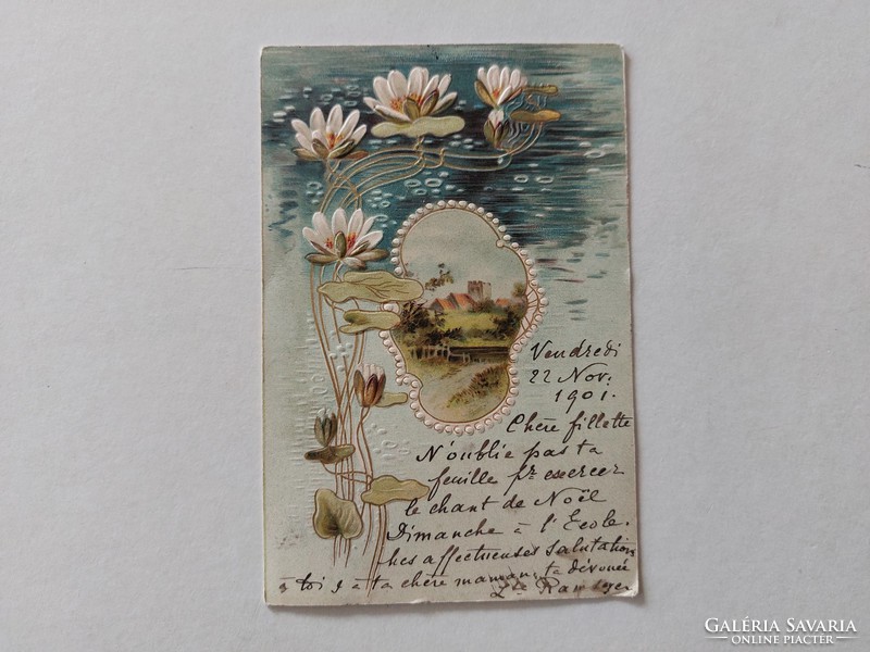 Old postcard 1901 embossed postcard with water lily