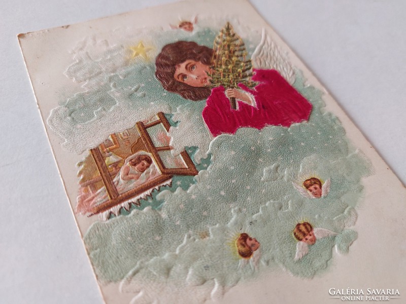 Régi karácsonyi képeslap 1900 dombornyomott levelezőlap selyem rátéttel angyalok