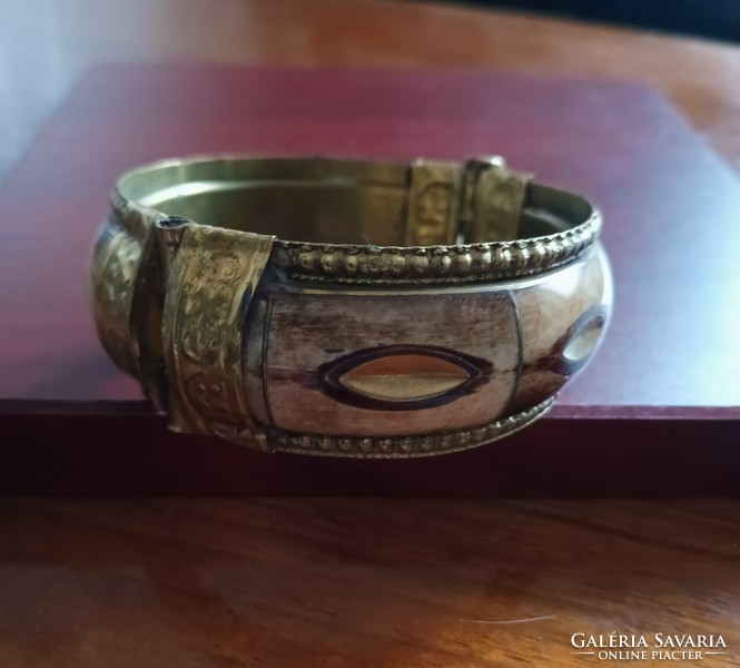 Indian copper bangle, rigid bracelet with bone inlay