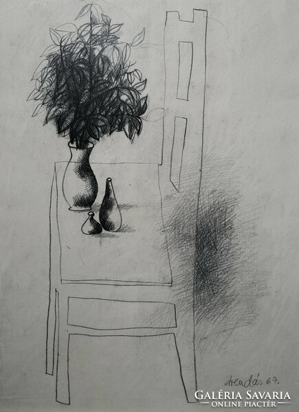 József Árendás: still life on a chair - graphite drawing - 1967