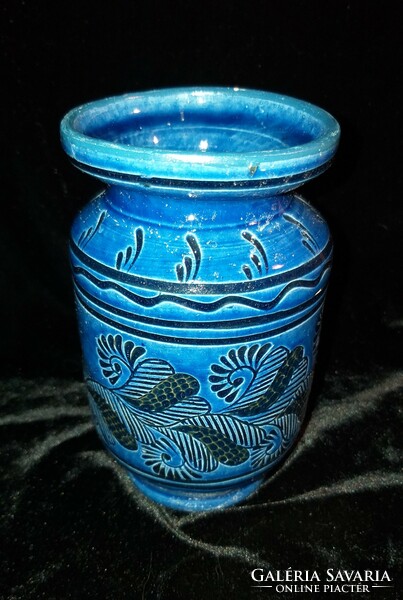 Ritka Korondi véset mintás kék kerámia váza 15 cm