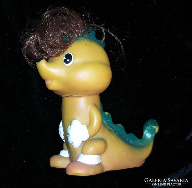 Retro whistle rubber toy dino dragon figure with braided hair 12 cm old