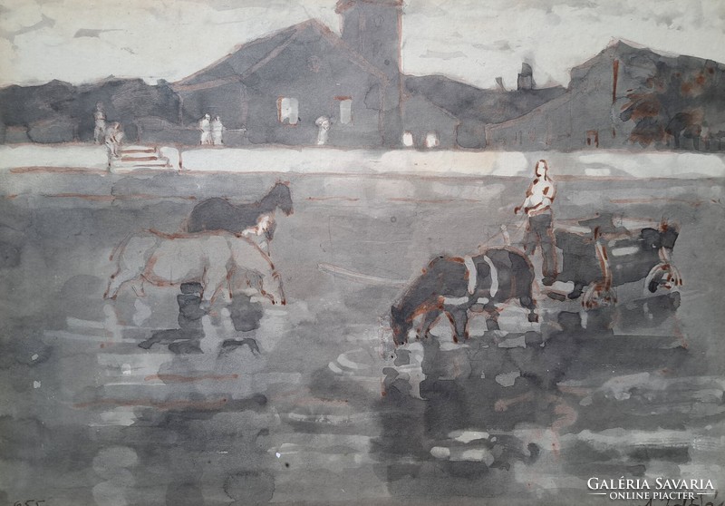 Miháltz Pál: Itatás a folyóban, 1955 - szignózott - utcakép, lovak