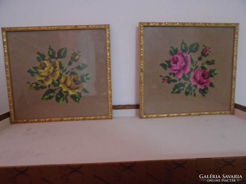 Beautiful old tapestry still life in glazed gold wooden frame, handwork pair
