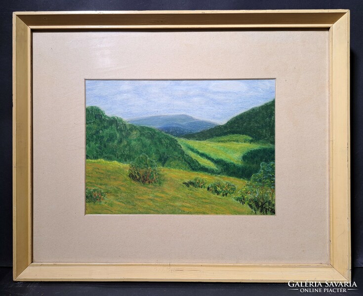 Hilly countryside - panoramic landscape - marked with a pastel frame