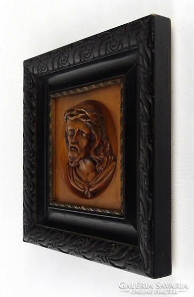 1M399 Keretezett Jézus portré fafaragás 25.5 x 25.5 cm