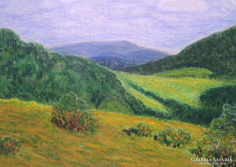 Hilly countryside - panoramic landscape - marked with a pastel frame