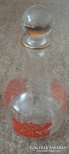 Retro pálinkás-és likőrös üveg készlet, piros mintás(tulipán)