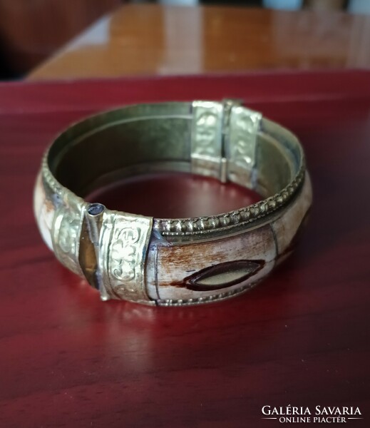 Indian copper bangle, rigid bracelet with bone inlay