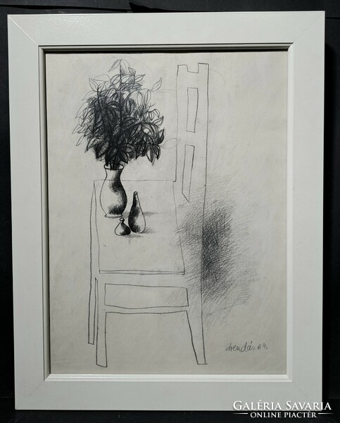 József Árendás: still life on a chair - graphite drawing - 1967