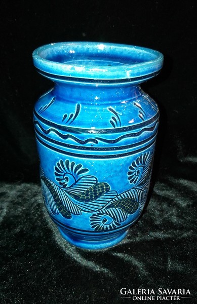 Rare blue ceramic vase with a Korund engraving pattern, 15 cm