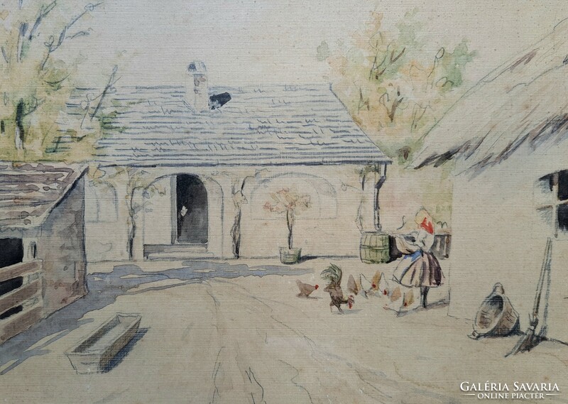 Hen feeding - watercolor with ujváry marking - folk scene, farmhouse
