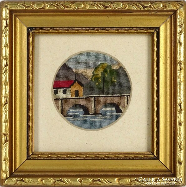 1M371 old needle tapestry: waterfront house with bridge