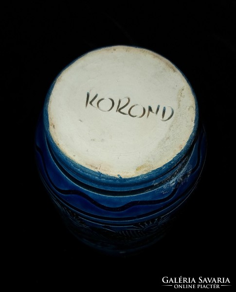 Ritka Korondi véset mintás kék kerámia váza 15 cm