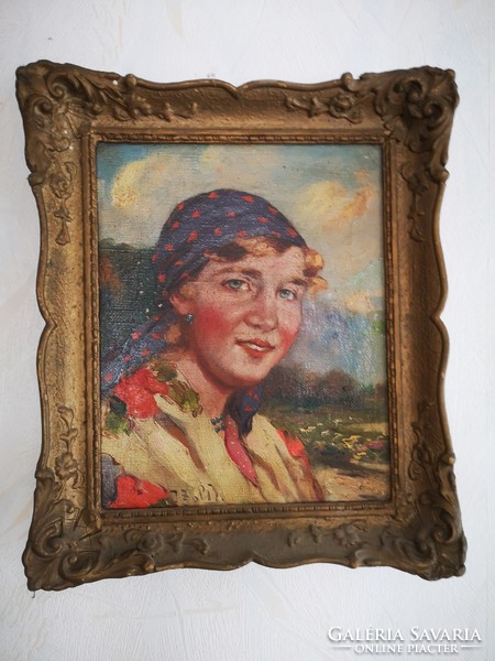 Antik hölgy portré festmény, népi ruhás jó hangulatú szépen megfestett festmény.Ivanácz Zsolt