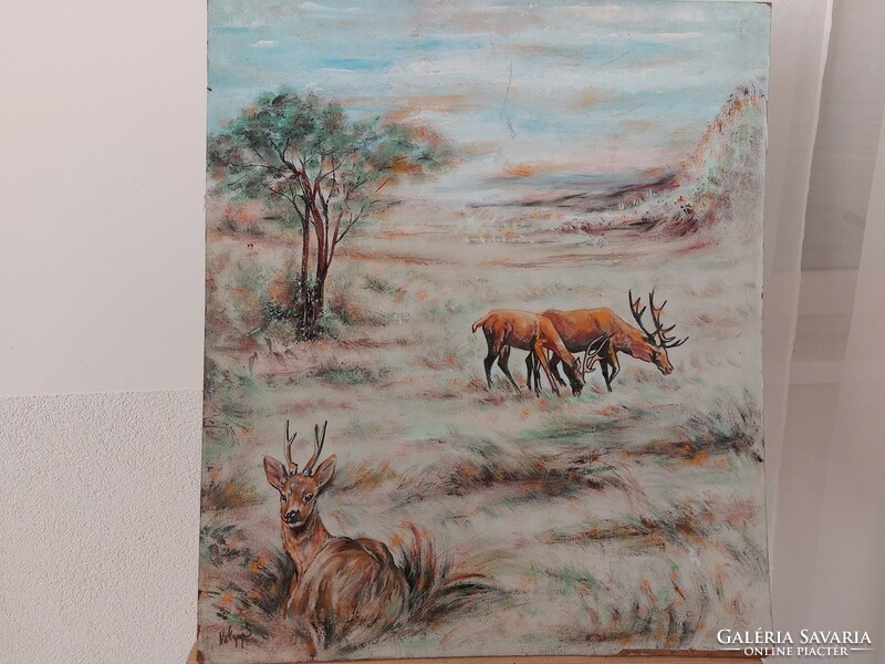 (K) landscape painting with valley sign deer, roe deer 50x59 cm damage photographed