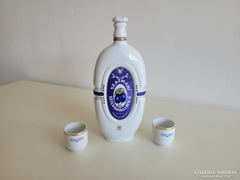 Régi Hollóházi porcelán palack retro Szatmári pálinka szilvapálinkás dugós üveg Várda Drink pohárral