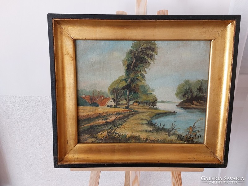 (K) landscape painting with Vasvár sign, 64x54 cm frame